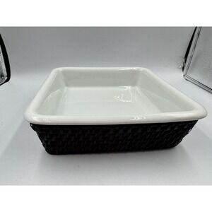 Crate & Barrel Porcelain Pan Insert W/ Black Rattan Wicker Basket 9x9" Square